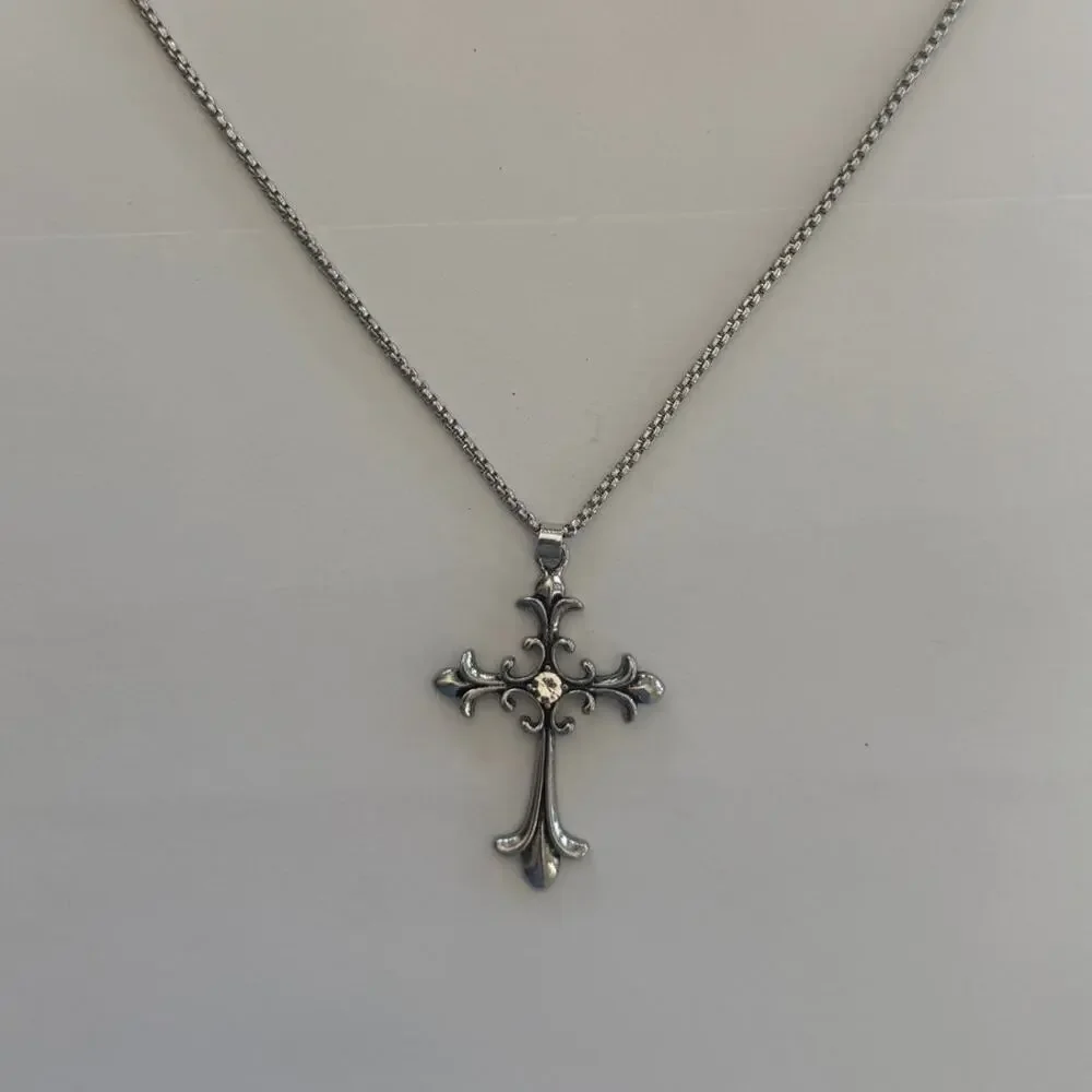 Silver Gothic Cross Pendant Necklace Unisex Stainless Steel Jewelry New